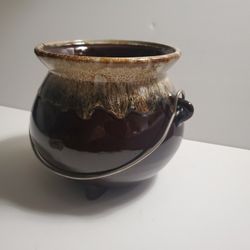 Vintage Pottery Brown Drip Glaze Bean Pot Kettle Cauldron With Wire Handle