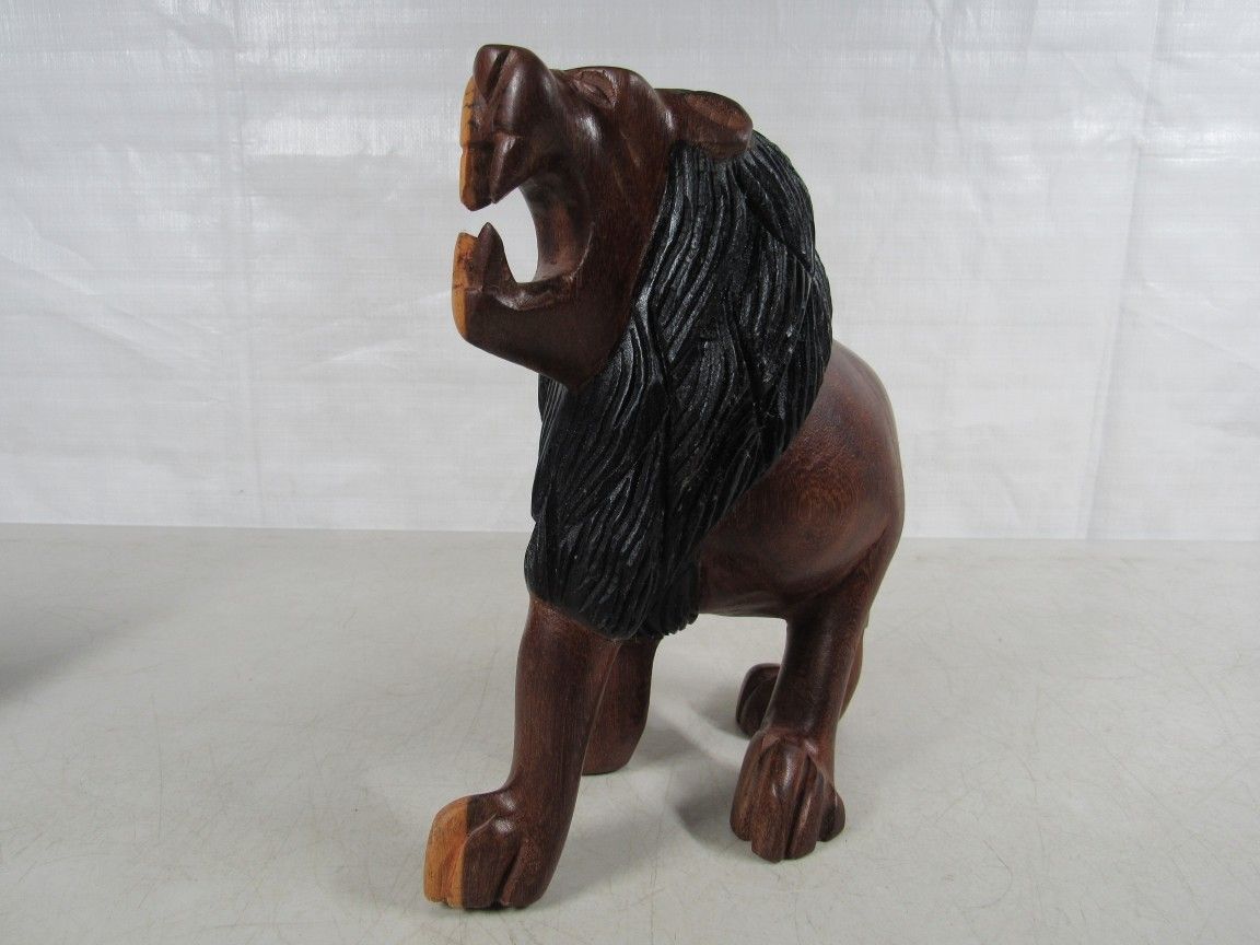African Lion Hand Carved Tribal Folk Art Wood Sculpture 9 1/2" Tall