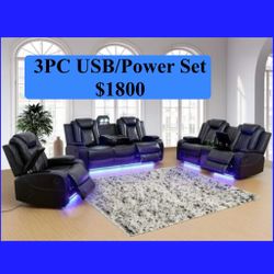FREE DELIVERY — Brand new 3PC POWER, USB, LED Reclining Sofa Loveseat Chair 