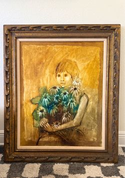 Vintage J. Faguet "Big Eyes" Mid Century Oil Painting