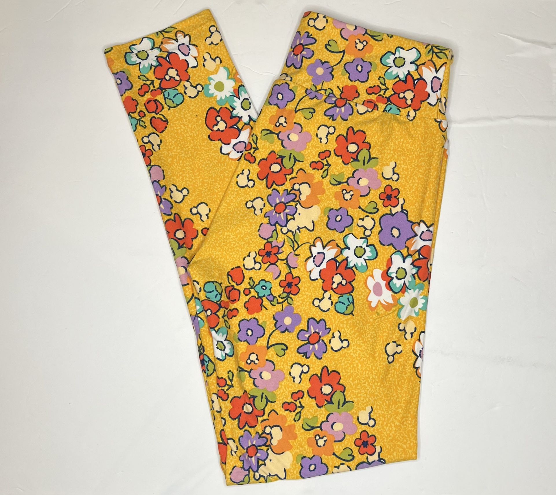 EUC LuLaRoe x Disney Hidden Mickey Mouse Floral Butter Leggings Yellow One Size