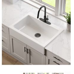Josephine 34″ Quick-Fit Drop-in Fireclay Farmhouse Kitchen Sink – 3 Faucet Holes - never used