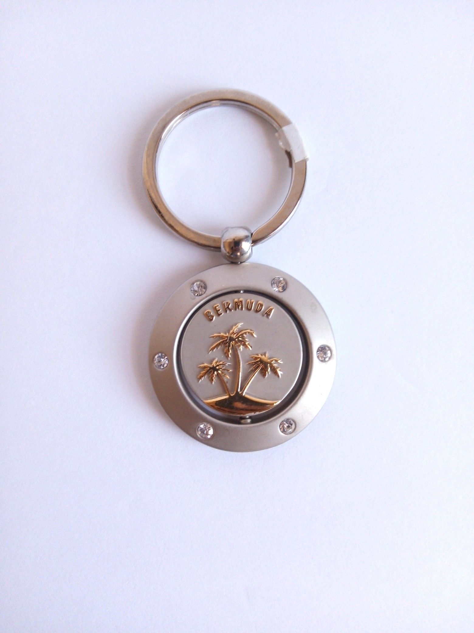 Bermuda Keychain Double Sided Medallion Rotating Silver & Gold with Rhinestones