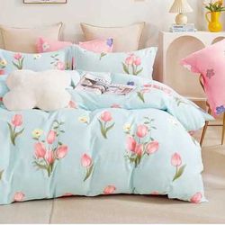 New Floral Cotton Queen Duvet Cover Set 3Pcs Comforter Cover 2 Pillowcases Baby Blue Pink Tulip Bedding Set