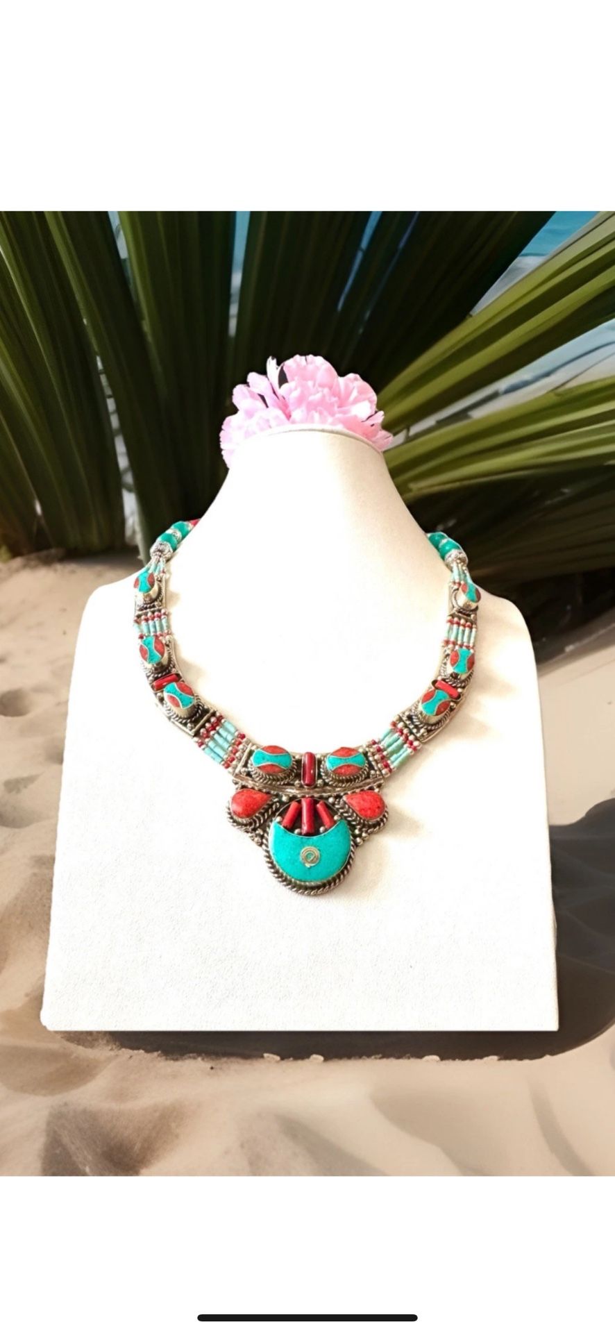 Stunning handcrafted Ethnic Tribal Theme Necklace Inlay coral & turquoise set in Silver 18”inch & 134grams
