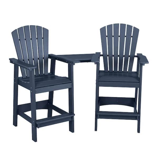 Navy Blue HDPE Plastic Outdoor Adirondack Chair Bar Stools with Connecting Tray Set of 2 2-Piece Adirondack Chair Set with Detachable Tabl