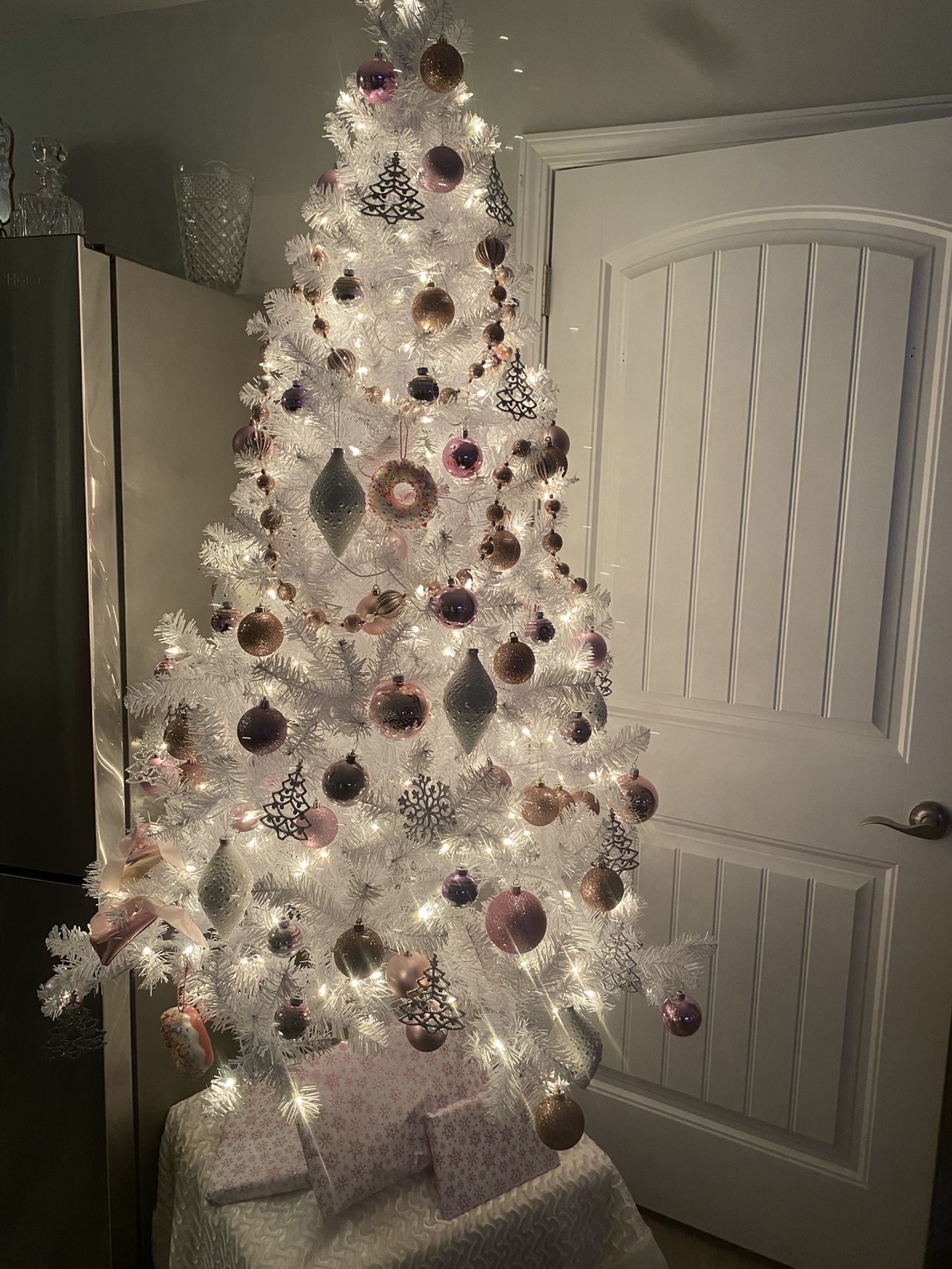 White Tree & Pink Christmas Decor & Bulbs