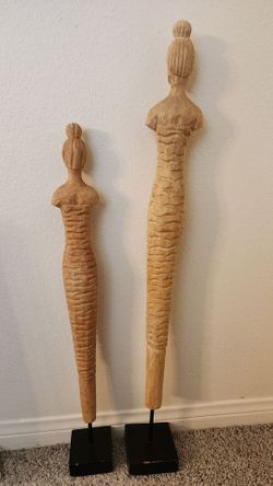 Pair Tall Hand Carved Wood Female Sculptures 33" 27" Abstract Statues India Art