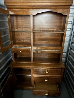 Two-Piece Lighted Display Hutch with Roll-Top Storage Nook
