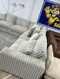 Grey Corduroy L‑Shape Sectional Sofa with Pillows