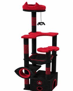 🐱 Red & Black Multi-Level Cat Tree | Cat Condo with Hammock & Scratching Posts