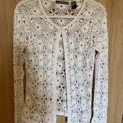Liz Claiborne Women’s Size XL Crochet Boho Ecru Flower Motif Sweater 