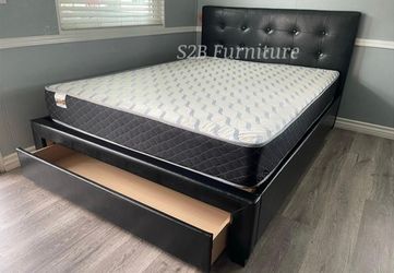 Queen Size Black leather bed with drawer and Orthopedic Mattress