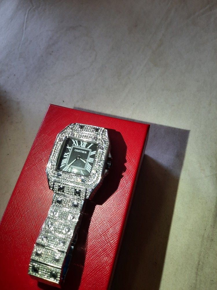 Iced CARTIER SANTOS WATCH 0.9 carats(Lab Grown)