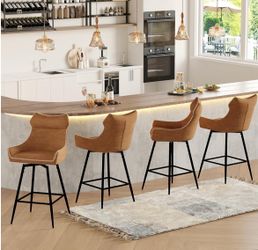 26” High Back Leather Swivel Bar Stools Set of 4, Counter Height Bar Stools with Metal Legs, Height-Adjustable Upholstered Faux Leather Barstools for