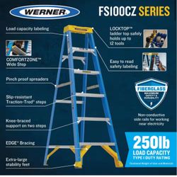 Brand new!! Werner 8 ft. Fiberglass Step Ladder (12 ft. Reach Height) with 250 lb. Load Capacity Type I Duty Rating