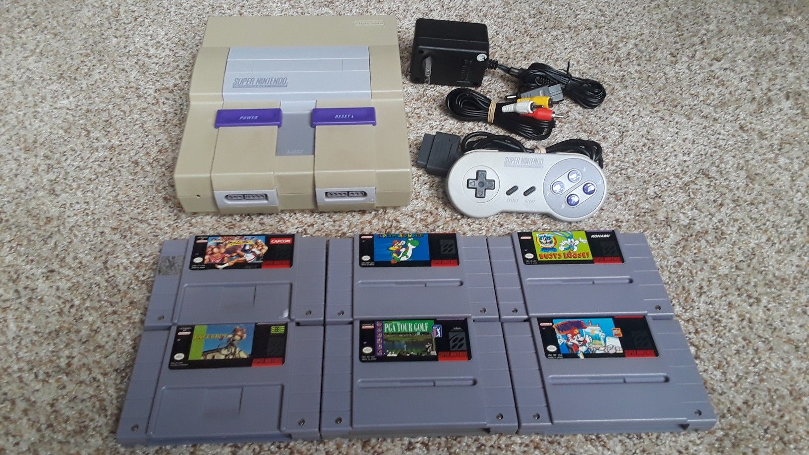 Super Nintendo System with 6 Games Mario Street Fighter Paperboy