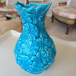 Blue Turquoise Vase  Lotus Dogwood Flowers; Ceramic ; Home Decor Sculpture Pier 1 Mid Century Boho 