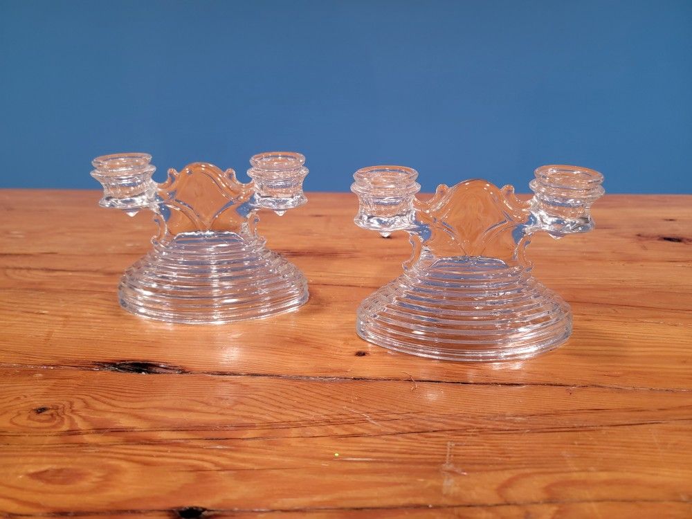 L.E. Smith Glass Clear Double Candlestick Holders ~ Set Of 2, Rib Depression
