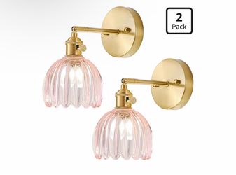 Wall Sconces Set of Two Hardwired, Vintage Sconce Light with Tulip Pink Glass