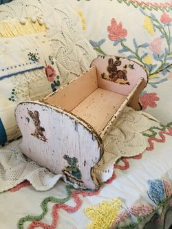 Vintage pink doll cradle, chippy paint, bunnies, bluebirds, bear, wood,shabby chic, farmhouse