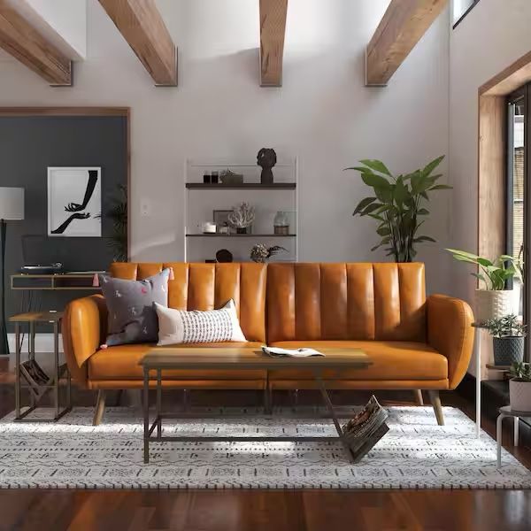 Camel Faux Leather Convertible Futon