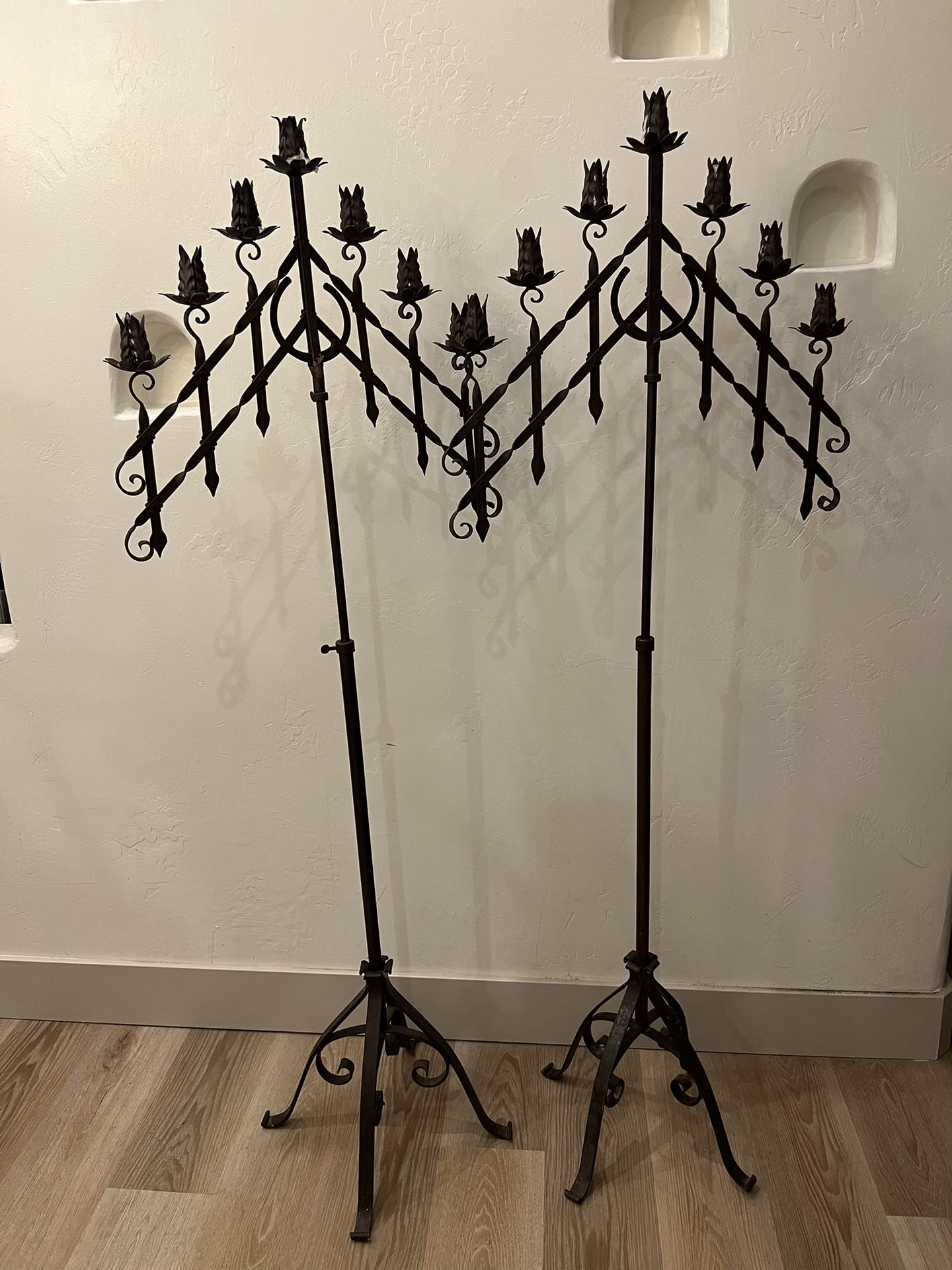 Antique Forged Iron Church Gothic Adjustable Floor Candelabras