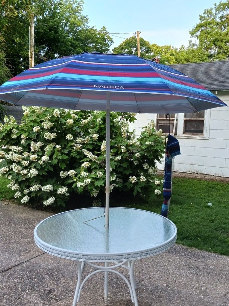 Glass Top Patio Table, 2 Nautica Beach Umbrellas