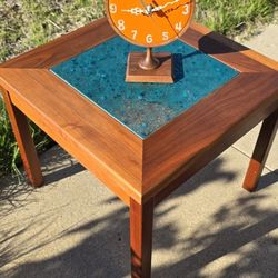 MID CENTURY WALNUT ENAMEL TABLE AND CLOCK VINTAGE 