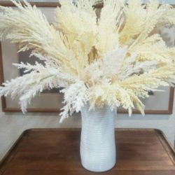 Beautiful Faux Pampas Grass/ Artificial Plant (27") In White Glass Rippled 10" Vase! Stunning Decor Accent!