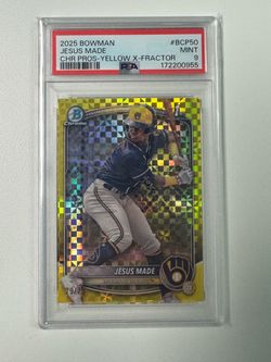 2025 Bowman - Chrome Prospects Jesus Made #BCP-50 Yellow X-Fractor /75 (RC) psa