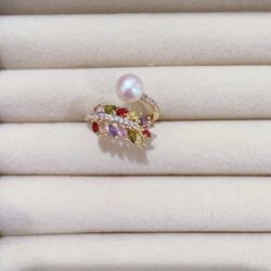 Elegant Pearl & Multi-Gemstone Adjustable Ring 