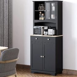 Freestandingw 67" Kitchen Buffet with Hutch, Pantry Cabinet with Microwave Stand, Adjustable Shelf, 2 Drawers, Cupboard, Black