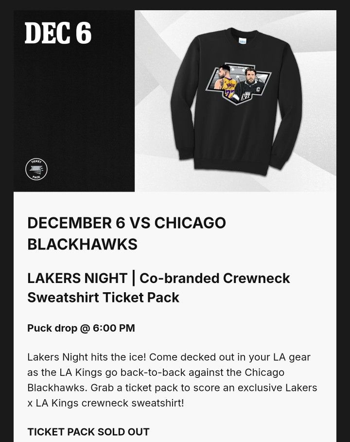 LA Kings Tickets VS Blackhawks 12/6/25 ( LAKERS SWEATER PACK)