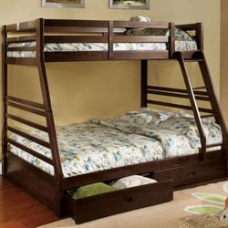 Brand New Espresso Twin Over Full Bunk Bed w Trundle Drawers 
