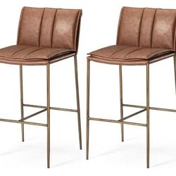 Maven Lane Gerard Counter Stool (Set of 2) – 25 Inches – Square Stools with Footrest – Gold Metal Frame & Brown Faux Leather Upholstery
