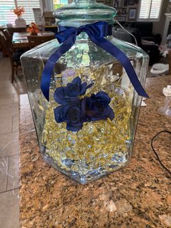 Large Glass Jar with Navy Roses and Gold Leaf Decor