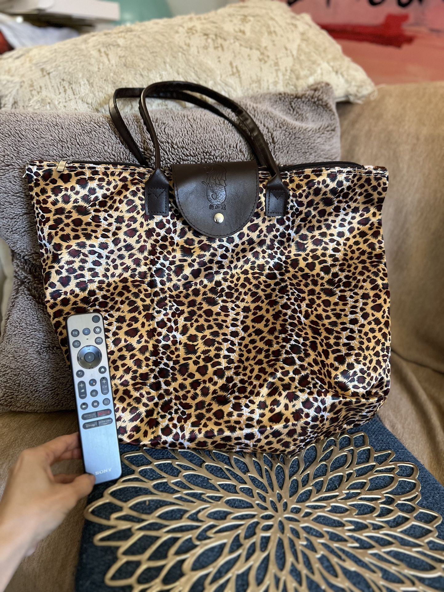 Nylon Leopard Print Faux Leather Bag New