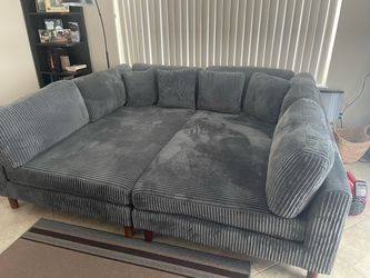 Gray Corduroy Sectional Sofa with Pillows