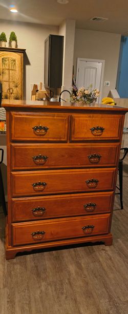 Tall Wood Dresser with Brass Bail Pulls
