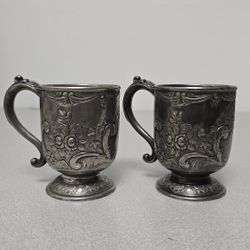 Pair of Antique Silver Plated Baby Cups C&Co Floral Design Twin Handles 3.5"