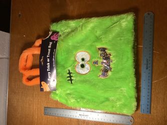 Furry lime green Monster Halloween Trick or Treat Bag 12” x 12”