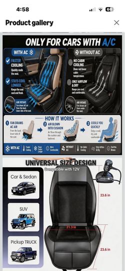 Brand New Upgraded Cooling Car Seat Cover w/3 sec instant cooling,3 speed airflow,Black Leather/Mesh