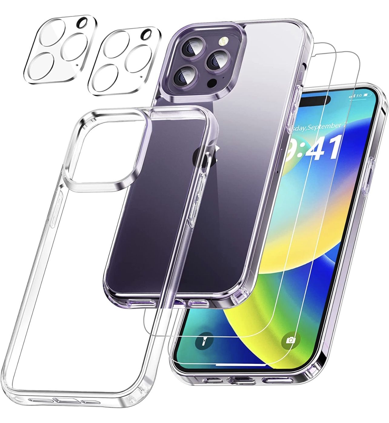 Protective Clear Case for iPhone 14 Pro Max 6.7 Inch [5 in 1] Military Grade Transparent Phone Case with 2pcs Tempered Glass Screen Protectors & 2pcs 