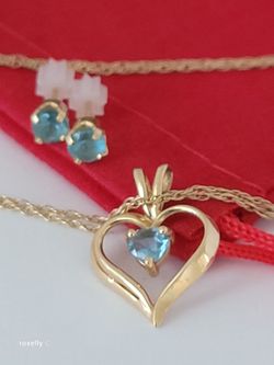 14K Yellow Gold, Blue Topaz Heart-Shaped Pendant, Necklace, and Earrings Set/ Set de Collar, Colgante, y Aretes! 👌🎁Post Tags: Set de Oro