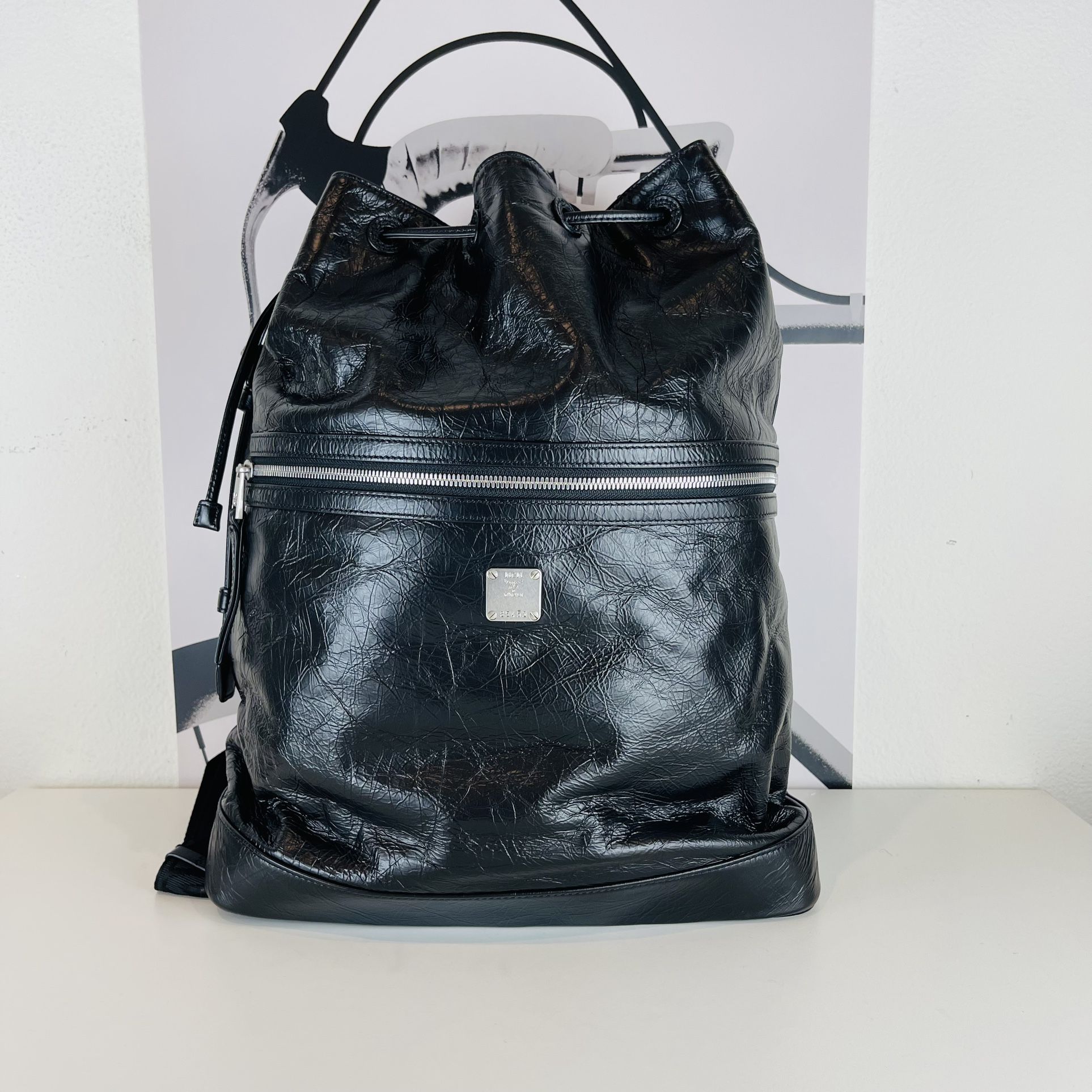 MCM Black Leather Logo Strap Drawstring Bag