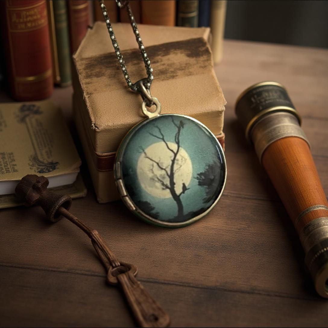 One of a kind Custom Vintage Whimsical Locket with Harvest Moon and Tree Art.