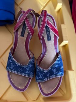 Authentic Louis Vuitton Blue Monogram Denim Clogs | Ankle Wrap Sandals | Vintage Shoes