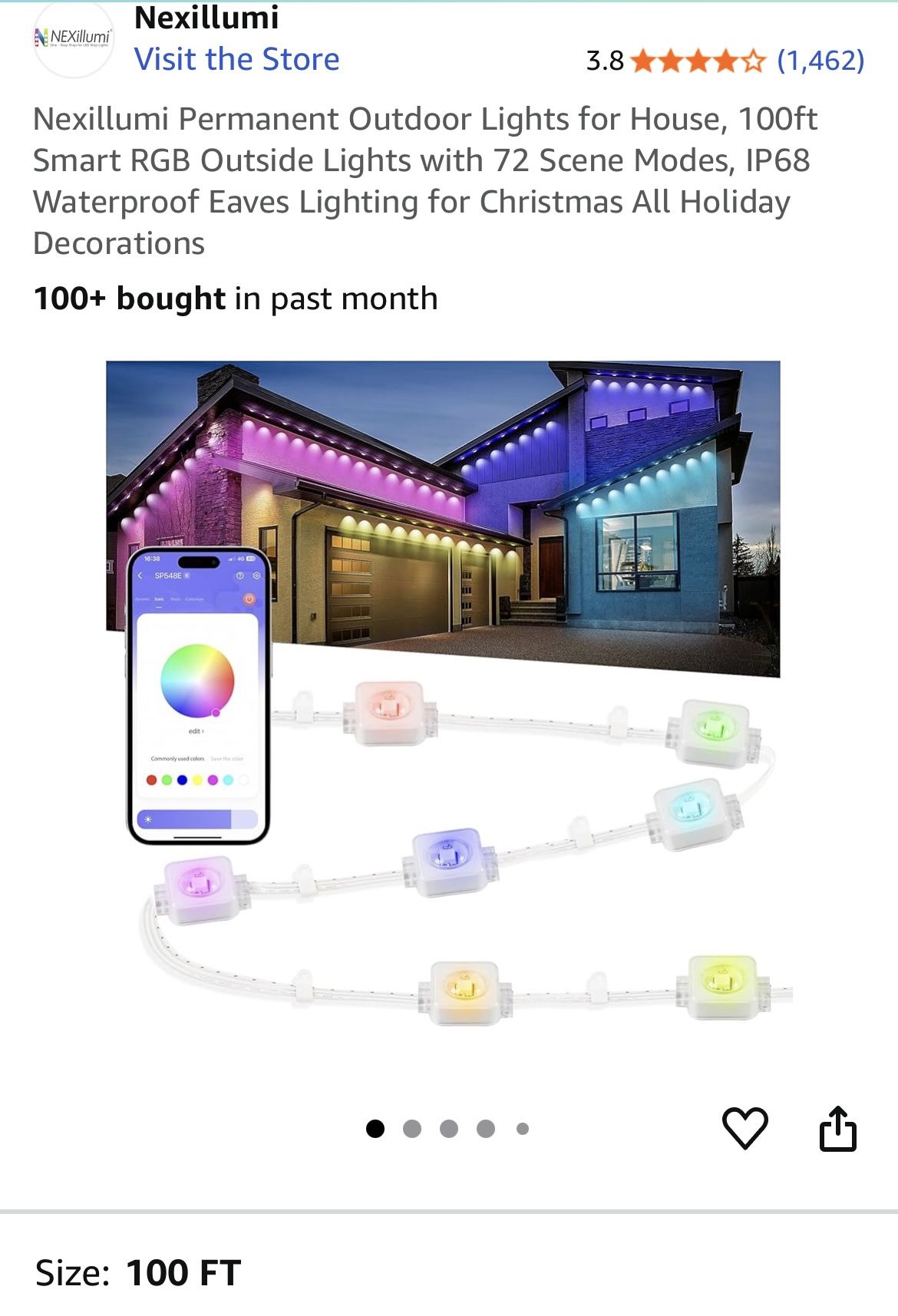 Nexillumi Permanent Outdoor Lights for House, 100ft Smart RGB Outside Lights with 72 Scene Modes, IP68 Waterproof Eaves Lighting for Christmas All Hol