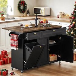 60" Kitchen Island with Power Outlet & Drop Leaf, Kitchen Rolling Island with Spice Rack & Towel Rack, Knife Holder, Kitchen Island Cart with Trash St